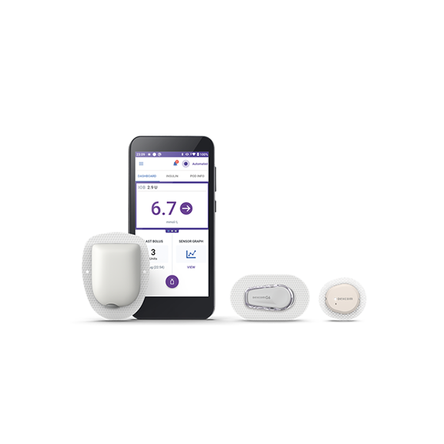 The Omnipod 5 insulin pump connects with the Dexcom G6 and Dexcom G7 to automate insulin delivery.